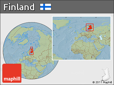 Savanna Style Location Map of Finland, within the entire continent, hill shading