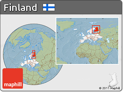 Savanna Style Location Map of Finland, highlighted continent, within the entire continent, hill shading