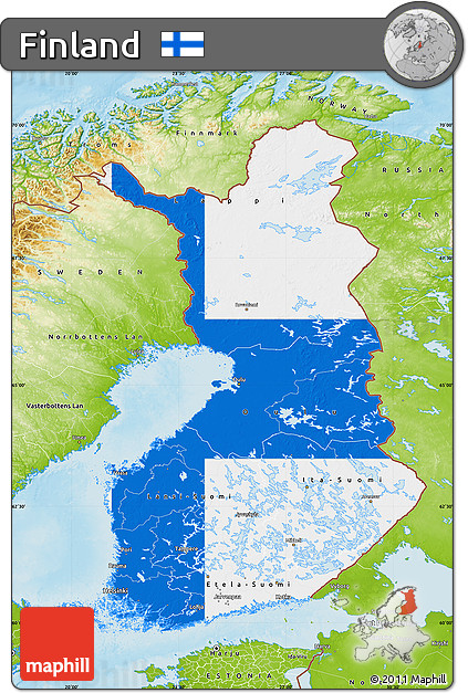 Flag Map of Finland, physical outside, flag centered