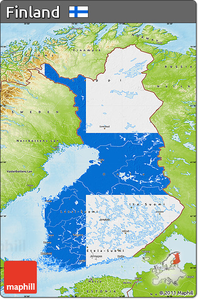 Flag Map of Finland, physical outside, flag centered