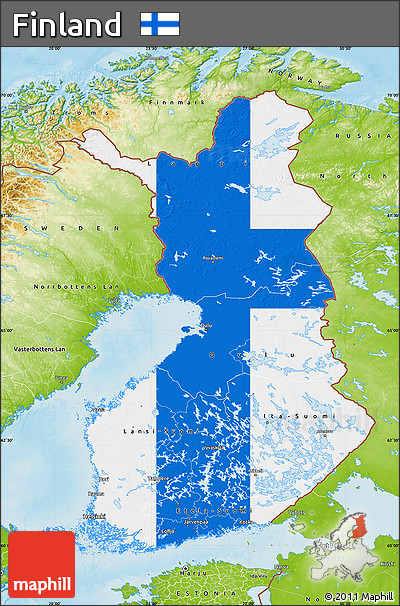 Flag Map of Finland, physical outside, flag rotated