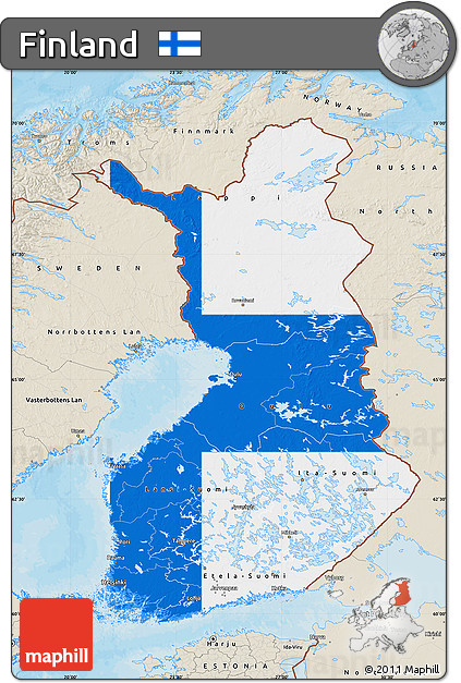Flag Map of Finland, shaded relief outside, bathymetry sea, flag centered