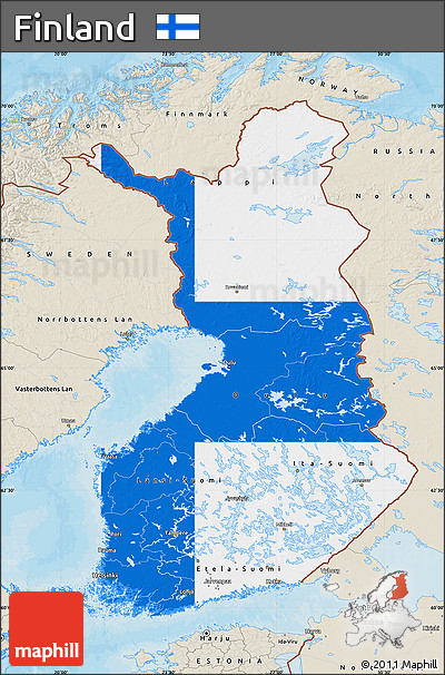 Flag Map of Finland, shaded relief outside, bathymetry sea, flag centered