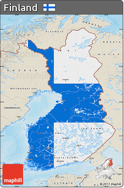 Flag Map of Finland, shaded relief outside, bathymetry sea, flag centered