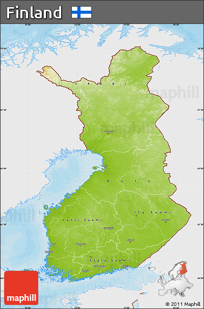 Physical Map of Finland, single color outside, bathymetry sea, shaded relief sea