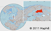 Gray Location Map of Oulu, within the entire country, hill shading