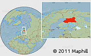 Savanna Style Location Map of Oulu, within the entire country, hill shading