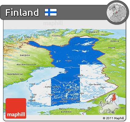 Flag Panoramic Map of Finland, physical outside, flag aligned to the middle