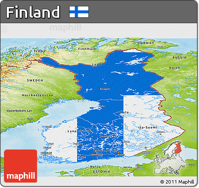 Flag Panoramic Map of Finland, physical outside, flag aligned to the middle