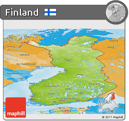 Physical Panoramic Map of Finland, political outside, shaded relief sea