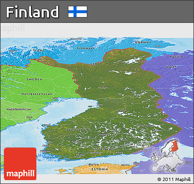 Satellite Panoramic Map of Finland, political shades outside