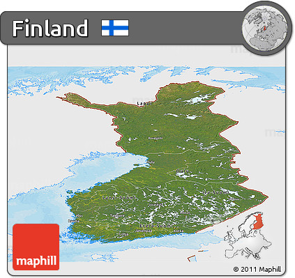 Satellite Panoramic Map of Finland, single color outside, bathymetry sea, shaded relief sea