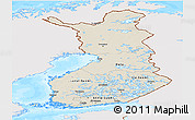 Shaded Relief Panoramic Map of Finland, single color outside, bathymetry sea