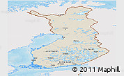 Shaded Relief Panoramic Map of Finland, single color outside, bathymetry sea, shaded relief sea