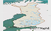 Shaded Relief Panoramic Map of Finland, single color outside, satellite sea