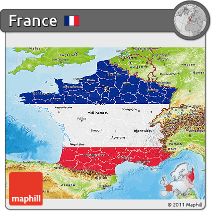 Flag 3D Map of France, physical outside, bathymetry sea, flag rotated