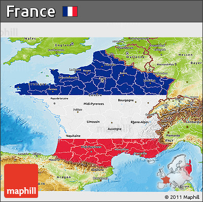 Flag 3D Map of France, physical outside, bathymetry sea, flag rotated