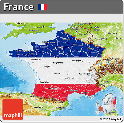 Flag 3D Map of France, physical outside, bathymetry sea, flag rotated