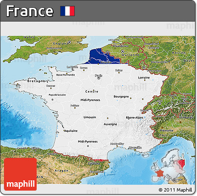 Flag 3D Map of France, satellite outside, bathymetry sea, flag aligned to the middle