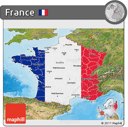 Flag 3D Map of France, satellite outside, bathymetry sea