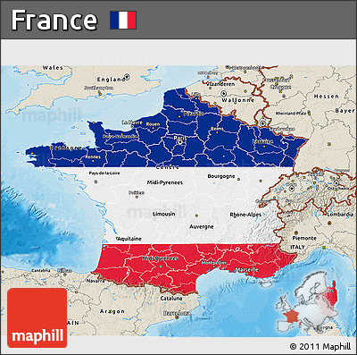 Flag 3D Map of France, shaded relief outside, bathymetry sea, flag rotated