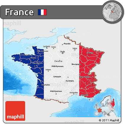 Flag 3D Map of France, single color outside, bathymetry sea, flag centered