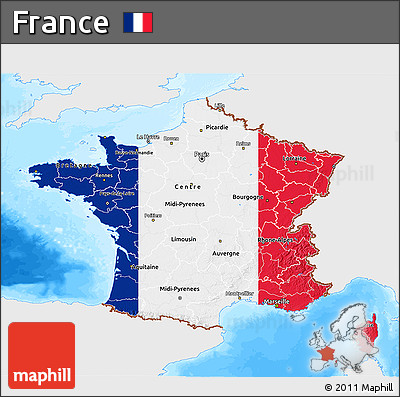 Flag 3D Map of France, single color outside, bathymetry sea, flag centered
