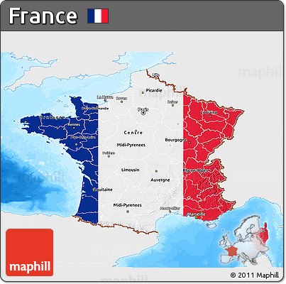 Flag 3D Map of France, single color outside, bathymetry sea, flag centered