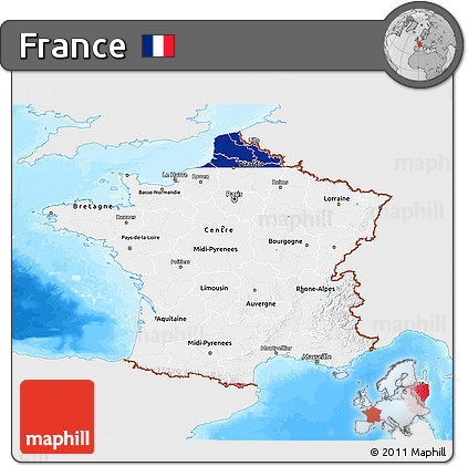 Flag 3D Map of France, single color outside, bathymetry sea, flag aligned to the middle