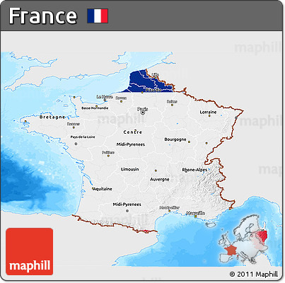 Flag 3D Map of France, single color outside, bathymetry sea, flag aligned to the middle
