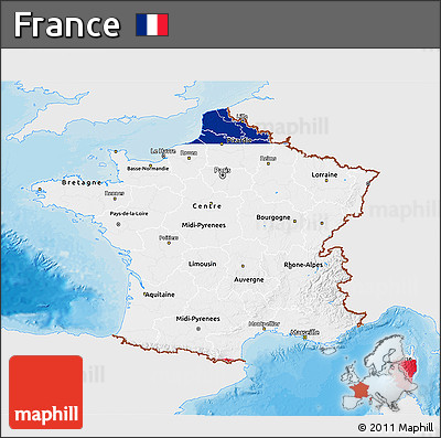 Flag 3D Map of France, single color outside, bathymetry sea, shaded relief sea, flag aligned to the middle