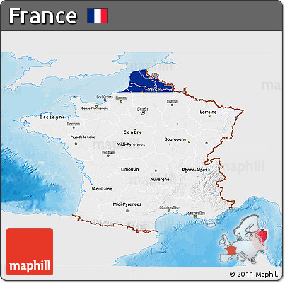 Flag 3D Map of France, single color outside, bathymetry sea, shaded relief sea, flag aligned to the middle