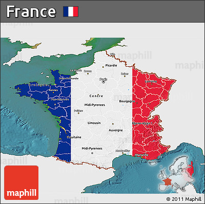 Flag 3D Map of France, single color outside, satellite sea, flag centered