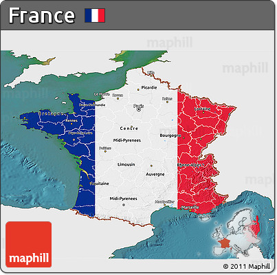 Flag 3D Map of France, single color outside, satellite sea, flag centered