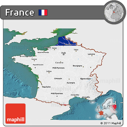 Flag 3D Map of France, single color outside, satellite sea, flag aligned to the middle