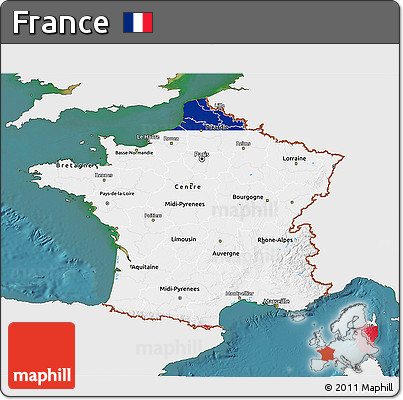 Flag 3D Map of France, single color outside, satellite sea, flag aligned to the middle