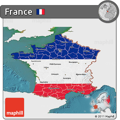 Flag 3D Map of France, single color outside, satellite sea, flag rotated