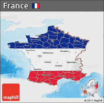 Flag 3D Map of France, single color outside, shaded relief sea, flag rotated
