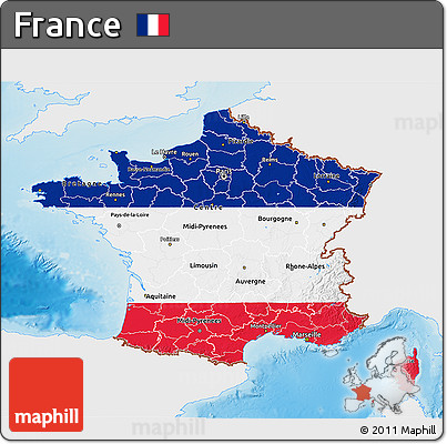 Flag 3D Map of France, single color outside, shaded relief sea, flag rotated