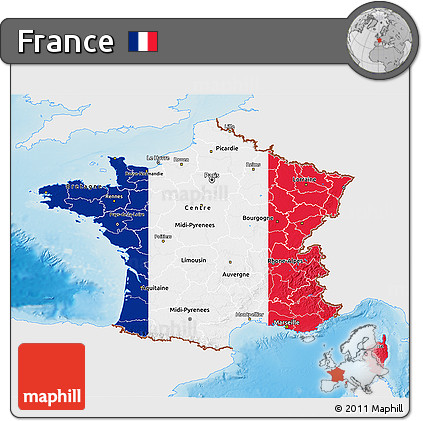 Flag 3D Map of France, single color outside, shaded relief sea