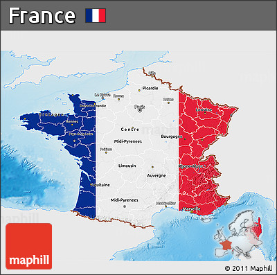 Flag 3D Map of France, single color outside, shaded relief sea