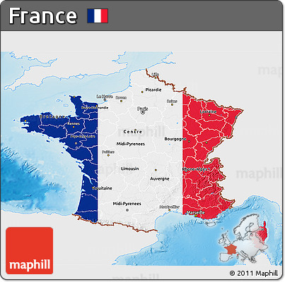 Flag 3D Map of France, single color outside, shaded relief sea