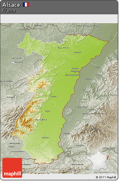 Physical 3D Map of Alsace, semi-desaturated