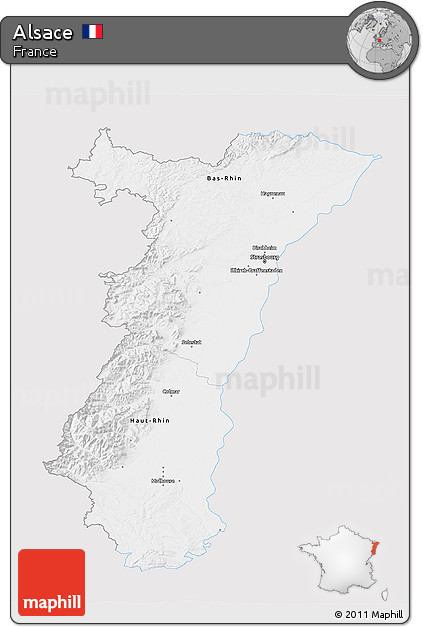 Silver Style 3D Map of Alsace, single color outside