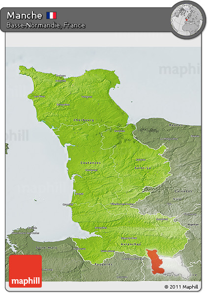 Physical 3D Map of Manche, semi-desaturated