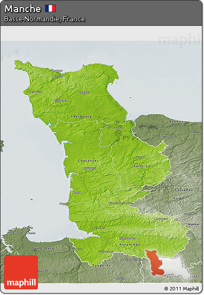 Physical 3D Map of Manche, semi-desaturated