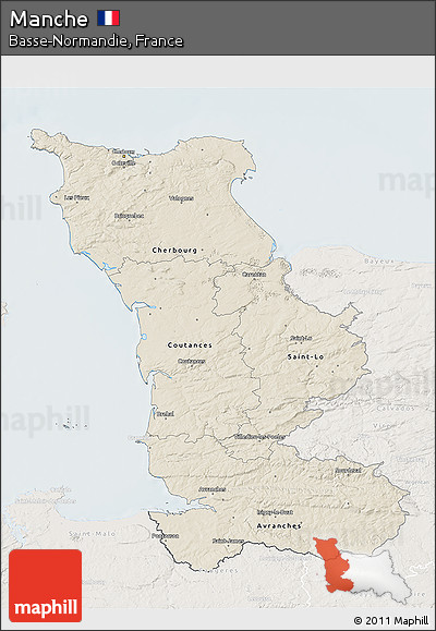 Shaded Relief 3D Map of Manche, lighten