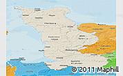 Shaded Relief Panoramic Map of Manche, political shades outside