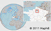 Gray Location Map of Paris, highlighted country, hill shading