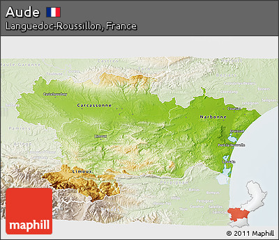 Physical 3D Map of Aude, lighten
